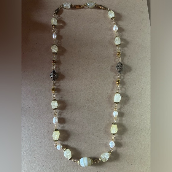 Hand crafted necklace yellow agate stones pearls African brass beads 24 inches - Picture 2 of 5